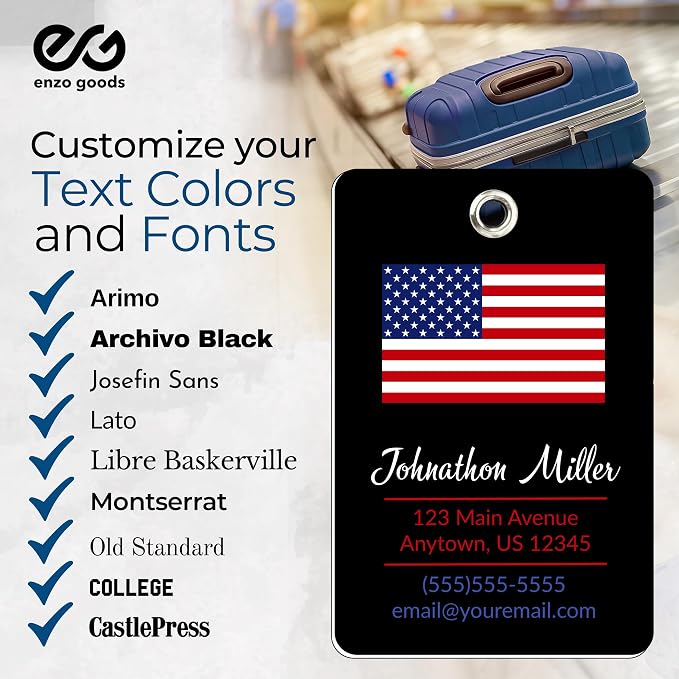 Personalized Luggage Tag with American Flag | Custom Luggage Tags for Suitcases | Kids Backpack Tag | 4 Color Options & Choose Font, Font Color