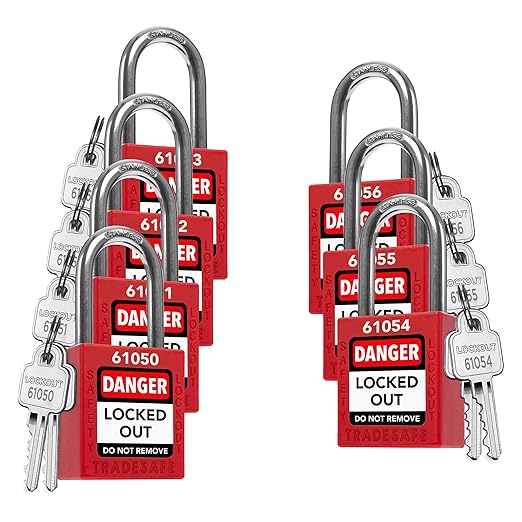 TRADESAFE Lockout Tagout Locks Set - 7 Red Loto Locks, Lockout Locks Keyed Different, 2 Keys Per Lock, OSHA Compliant Lock Out Tag Out Padlocks, Safety Padlocks for Electrical Lockout Tag Out Kits