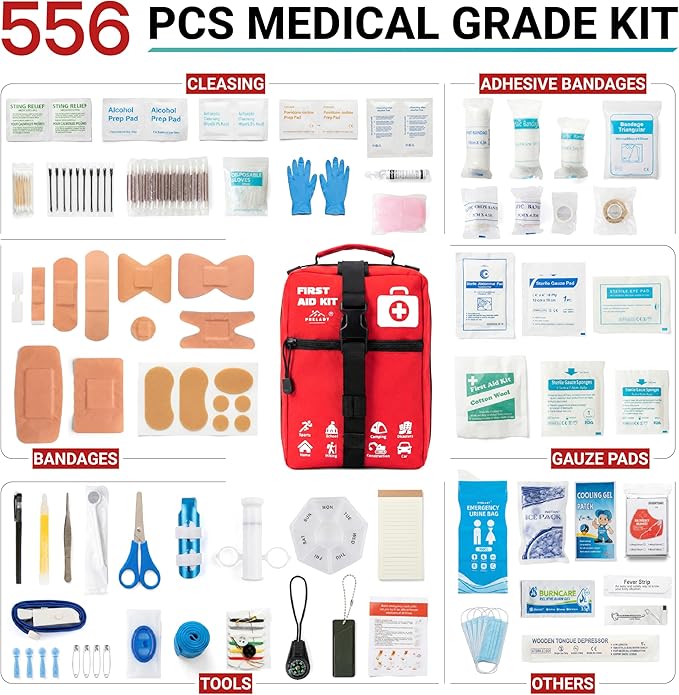 556 Piece Premium Large First Aid Kit, Survival Medical Bag Labelled Compartments, Workplace Essential, Home & Sports, Molle Tactical Rip-Away Design, First Responders' Choice for Trauma