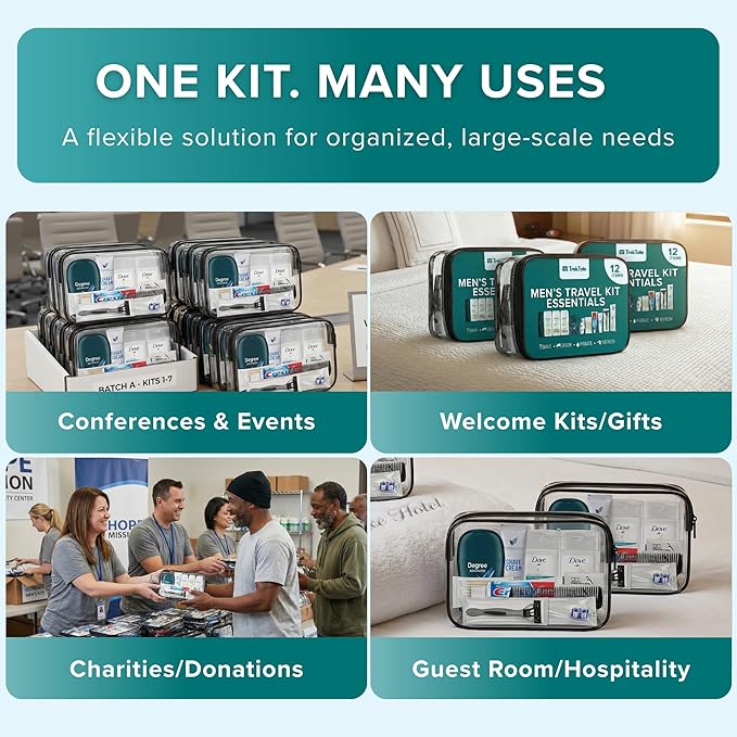 TrekTote Bulk Men’s Travel Hygiene Kits Case Pack of 12 Piece Kits TSA Approved Travel Size Toiletry Kits with Toothbrush Toothpaste Deodorant Razor for Outreach Emergency Use
