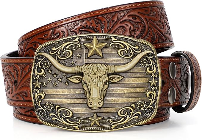 SANSTHS Western Cowboy Belts for Men Women, Mens Western Belt Bull Buckle Country Belt Cowboy Leather Belt for Jeans