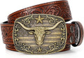 SANSTHS Western Cowboy Belts for Men Women, Mens Western Belt Bull Buckle Country Belt Cowboy Leather Belt for Jeans