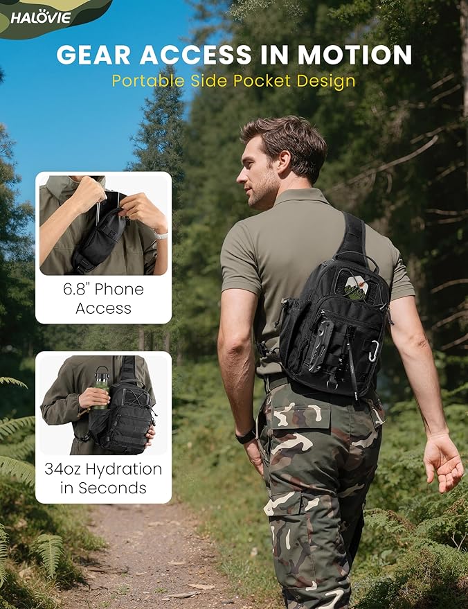 HALOVIE Anti-theft Tactical Sling Bag RFID Black Military Shoulder Bag with Phone Pack EDC Molle Crossbody Bag for men