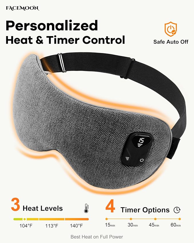FACEMOON Heated Eye Mask for Dry Eyes: Electric Warm Compress for Blepharitis Stye Tired Eyes - Cordless Heat Relief Heating - Stable Temp 1500 Mah Rechargeable Washable Gray