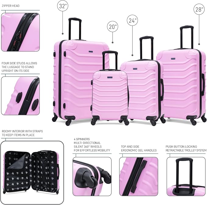 InUSA ENDURANCE Luggage with Spinner Wheels | Durable Lightweight Hardshell Suitcase, Travel Sets with Handle and Trolley | (20in, 24in, 28in, 32in) 4 Pieces Luggage Set | Pink