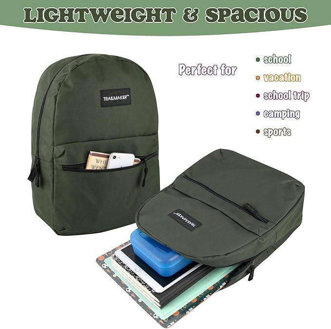 Trail maker Classic 17 inch Backpacks with Adjustable Padded Straps | School Backpacks for Girls, Boys (Green)