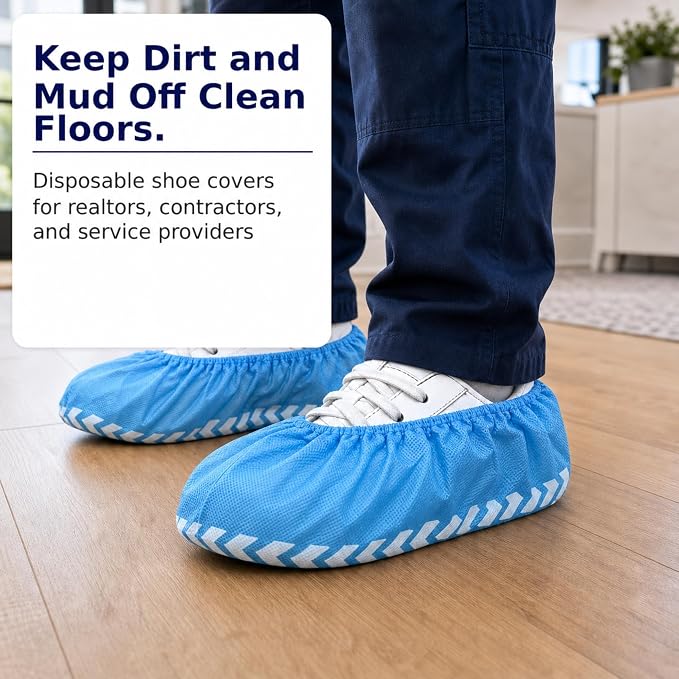 Innovative Haus Blue Indoor Disposable Shoe Covers - Disposable Non Slip Boot Covers - Indoor Reusable Booties - Treads - Water Resistant - 200 Pack, Extra Large
