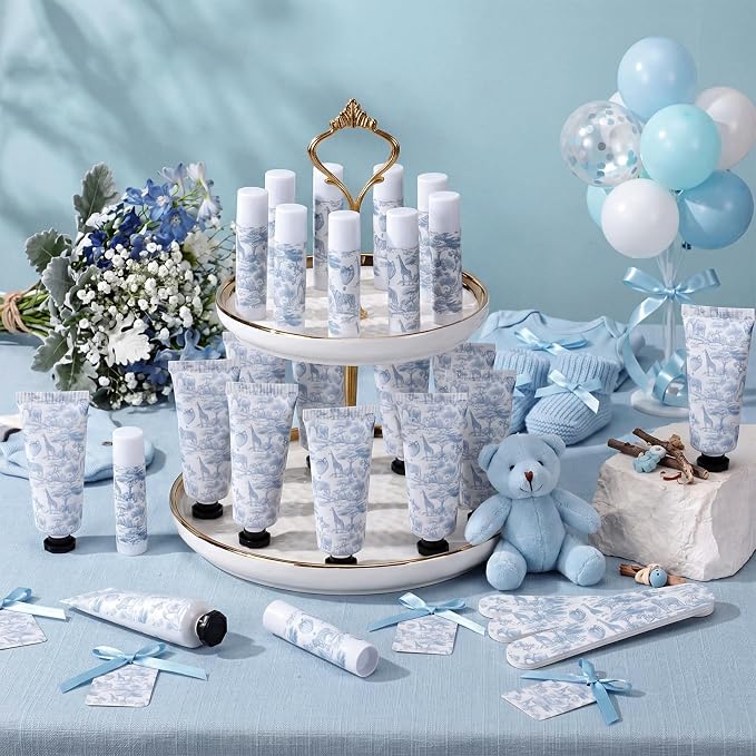 Leelosp 24 Sets Toile De Jouy Baby Shower Hand Cream and Lip Balm Gift Bulk Blue Safari Animal Travel Size Hand Lotion Lip Balm Nail File Gifts Set Baby Bridal Shower Party Supplies for Guests