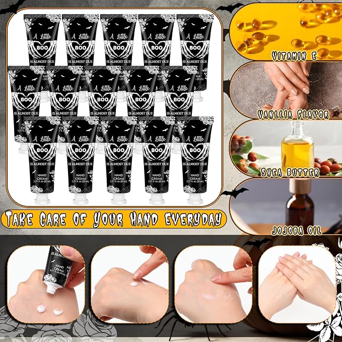 24 Sets Halloween Little Boo Baby Shower Hand Cream Lip Balm Gift Gothic Baby Shower Party Favors Travel Size Hand Lotion Lip Balm with Organza Bag Tag Halloween Party Supplies for Guest Kids