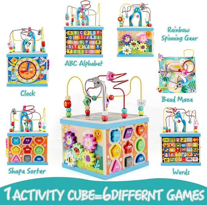Qilay Wooden Activity Cube for Toddlers, 5 in 1 Multipurpose Abacus Early Educational Montessori Toys, Learning Toys for Kids | Bead Maze, Great for Boys Girls