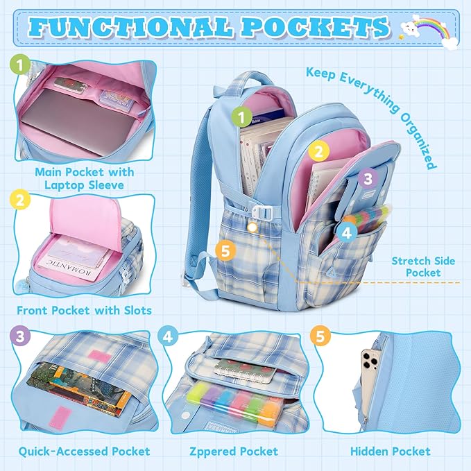 MUSEVOS Girls Backpack, Ideal School Backpack for Girls from Elementary to Teen Years, Kawaii Bookbag Cute Large Capacity