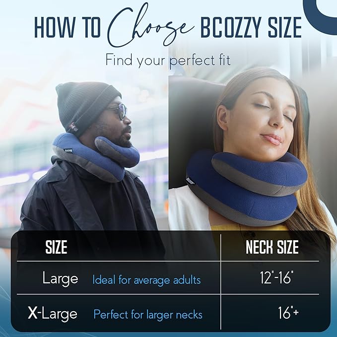 BCOZZY Travel Neck Pillow for Airplane– Patented Double Support for Head, Neck, and Chin. Best for Long Flights, Plane Sleeping, and Car Rides. Adjustable Size. Washable. Carry Bag. Large, Purple
