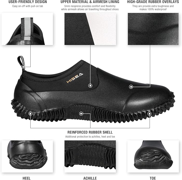 HISEA Unisex Garden Shoes, Waterproof Slip-On Rain Boots for Men and Women, Neoprene Rubber Rain Shoes Outdoor Ankle Booties for Gardening, Farming, Camping, Dog Walking, Car Wash, Lawn Care and Yard Work