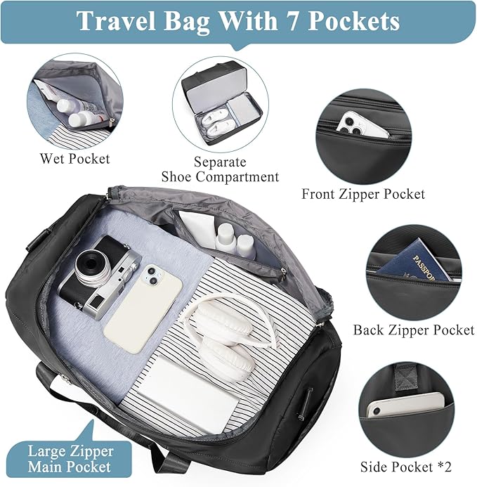 Large Travel Duffle Bag,Carry on Overnight Bag with Shoes Compartment,Weekender Bags for Women for Travel Business Trips Sport Hospital,3 Pcs Set,Black