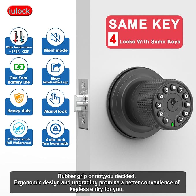 iulock Smart Door Knob with Keypad and Key,Keyless Entry Door Lock with Rubber Grip, Auto Lock,50 User Code,Waterproof, Easy to Install and Program for Bedroom (Matte Black Same Key 4 Pack)