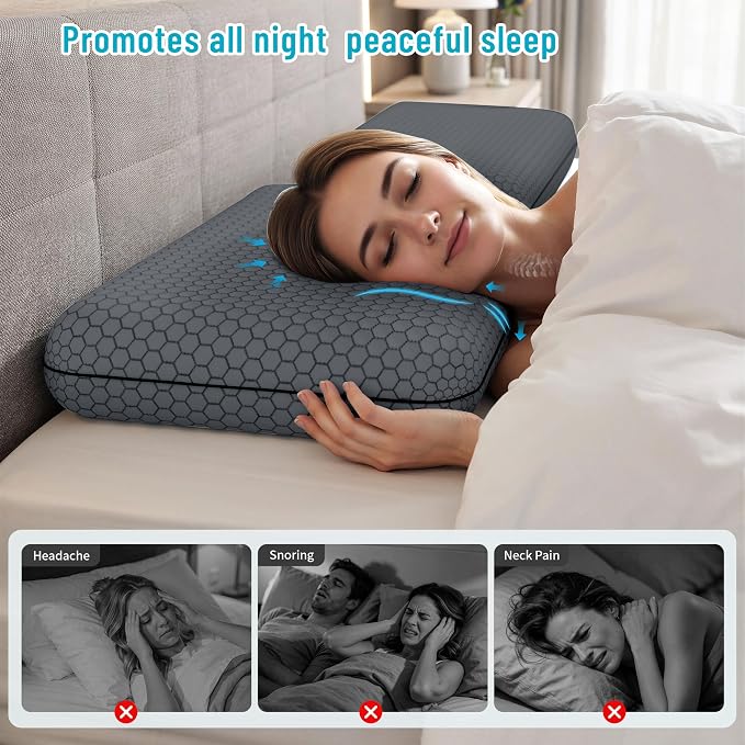 CushyOasis Memory Foam Pillows for Side, Back and Stomach Sleepers, Set of 2, Bed Pillow with Washable Cover and Breathable Mesh, Bed Pillow for Sleeping (Dark Grey，King Size)