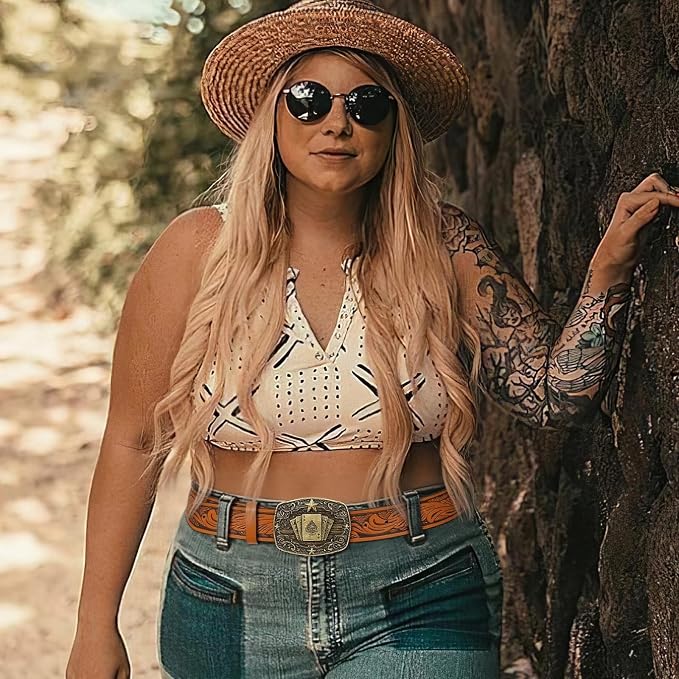 SANSTHS Western Cowboy Belts for Men Women, Mens Western Belt Bull Buckle Country Belt Cowboy Leather Belt for Jeans