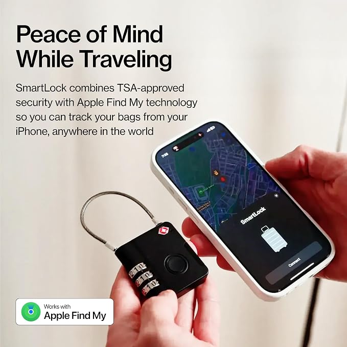 KeySmart SmartLock Tracking Luggage Locks, TSA Locks for Luggage, GPS Tracker, Combination Lock Compatible with Apple Find My App, Best Travel Essentials, Replaceable Non-Rechargeable Battery (1 Pack)