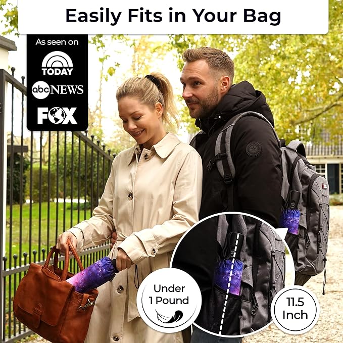 TUMELLA Strongest Windproof Travel Umbrella (Compact, 100MPH Wind-Tested), Light, Portable, One-Handed Use, Automatic Folding Rain Umbrella, Durable, Premium Grip, Fits Car & Backpack