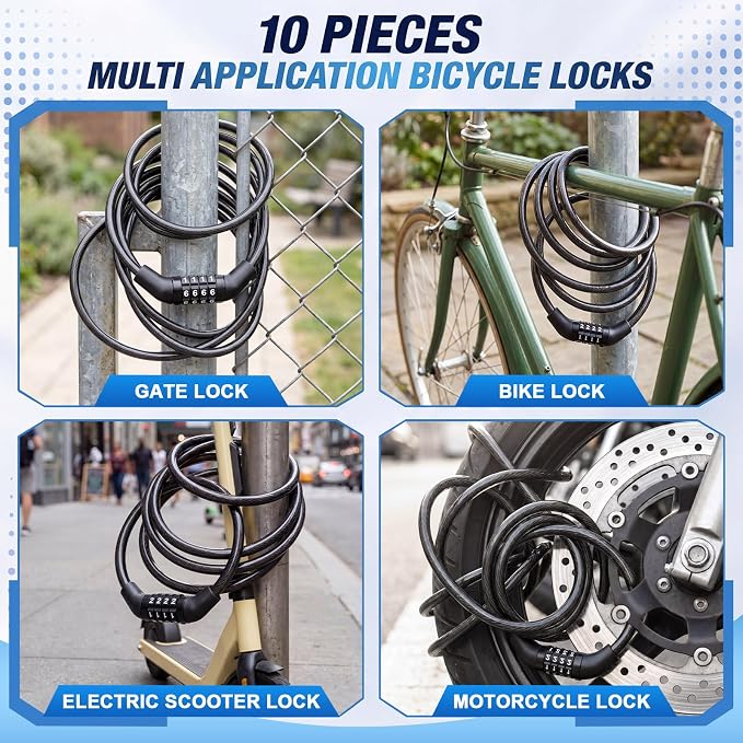 Hotop 6 Feet Bike Lock Cable with Combination, Coiled Preset Bike Lock High Security 4 Digit Bicycle Locks Anti Theft Bikes Accessories Black Bicycle Cable Locks, 5/6 Inch Diameter(10 Pcs)