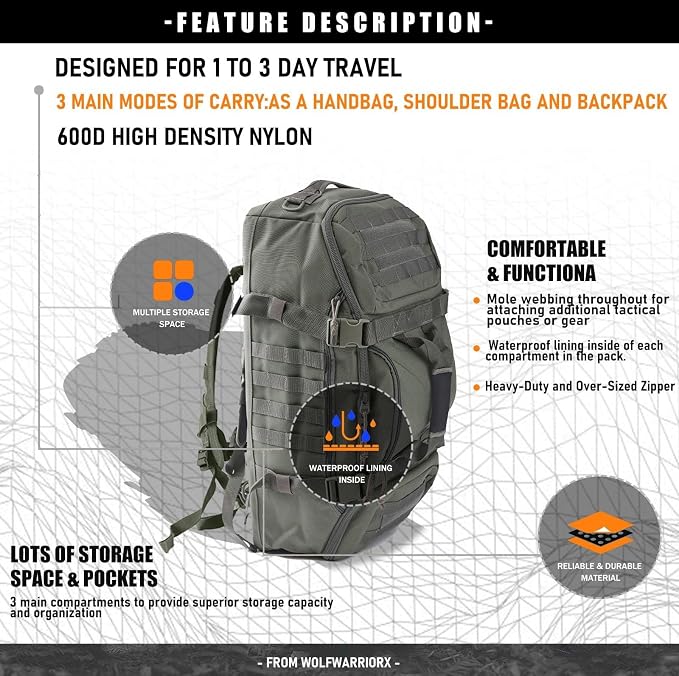 Miramrax Travel Duffle Bag Backpack for Men - Large Tactical Bags Weekender Gym Bag for Overnight Traveling Military Workout Deployment Sports (Green, 80L)