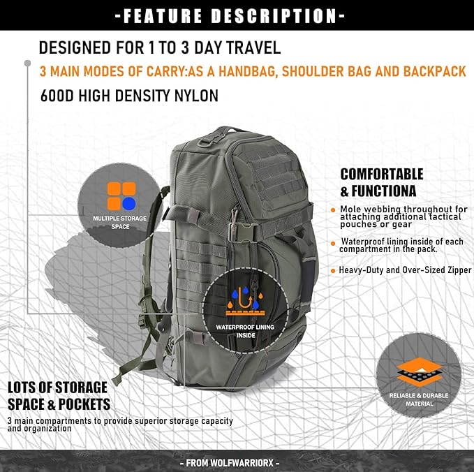 Miramrax Travel Duffle Bag Backpack for Men - Large Tactical Bags Weekender Gym Bag for Overnight Traveling Military Workout Deployment Sports (Green, 45L)