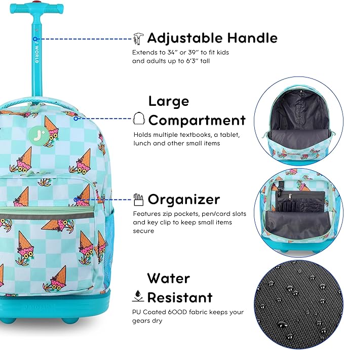 J World Sunrise Kids Rolling Backpack for Girls Boys. Roller Bookbag With Wheels For School, Ice Cone
