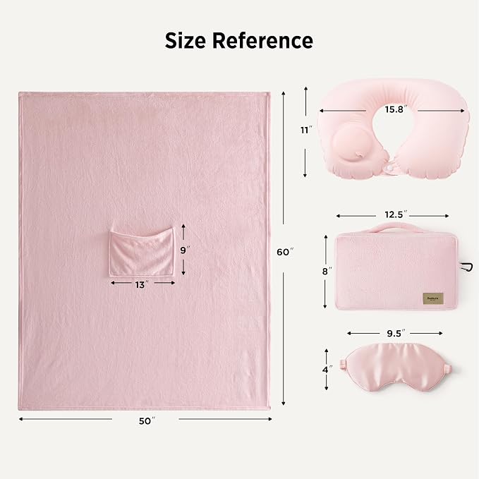 Bedsure Travel Blanket Set with Inflatable Neck Pillow and Eye Mask - Lightweight 3-in-1 Airplane Packable Blanket, Compact Travel Essentials, Pink
