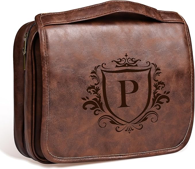 Personalized Gifts 3-in-1 Hanging Travel Toiletry Bag for Men, Laser-Engraved Initial Waterproof PU Leather Shaving Bag Valentines Easter Birthday Gifts for Men Dad Husband Son Reddish Brown P