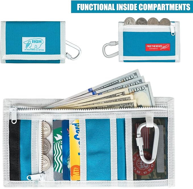 Rough Enough Kids Wallet for Boys Ages 6-16, Canvas Trifold with Neck Lanyard, Zipper Coin Pockets, Card Slots for Campus, Camping and Travel, Light Blue