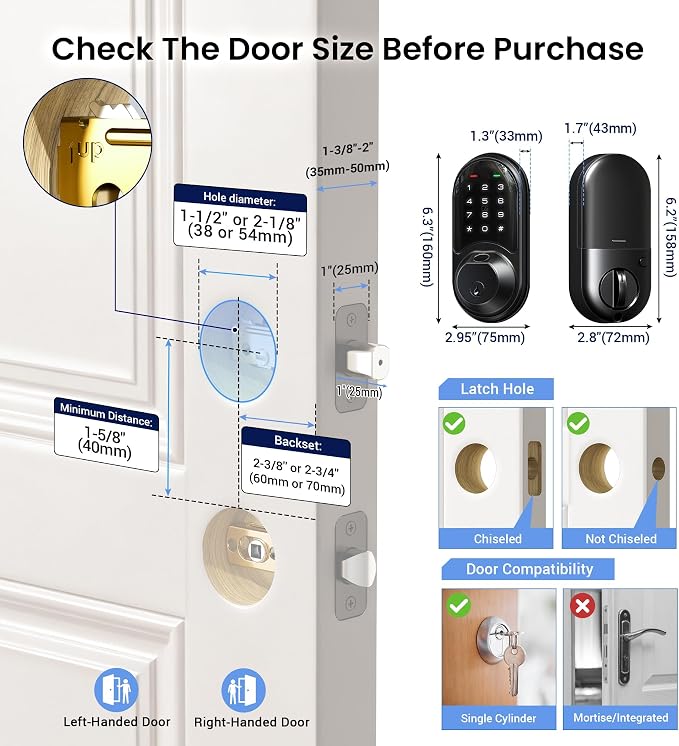 Veise RZ07 Fingerprint Smart Lock, 7-in-1 Smart Locks for Front Door, Keyless Entry Door Lock with App Control & Auto-Lock, Biometric Electronic Touchscreen Keypad Deadbolt, Matte Black