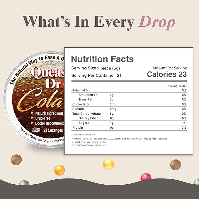 Three Lollies Queasy Drops - Cola Flavor - Relief from Nausea & Travel Sickness, Soothes a Dry Mouth & Settles Stomach - Natural Ingredients - 21 ct (3-Pack)