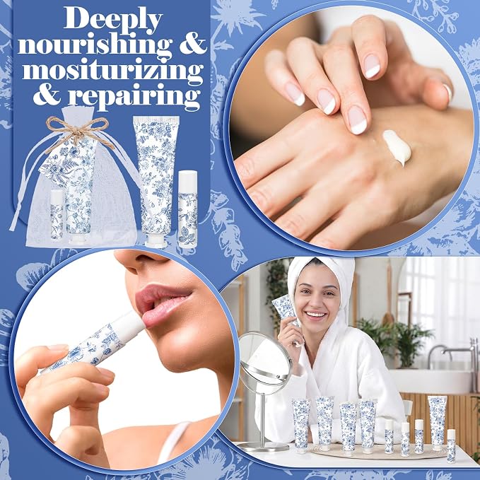 Loopeer 48 Sets Blue Floral Bridal Shower Hand Cream and Lip Balm Gift Bulk Blue Flower Wedding Favors Travel Size Hand Lotion and Lip Balm Wedding Bridal Baby Shower Party Supplies for Guests