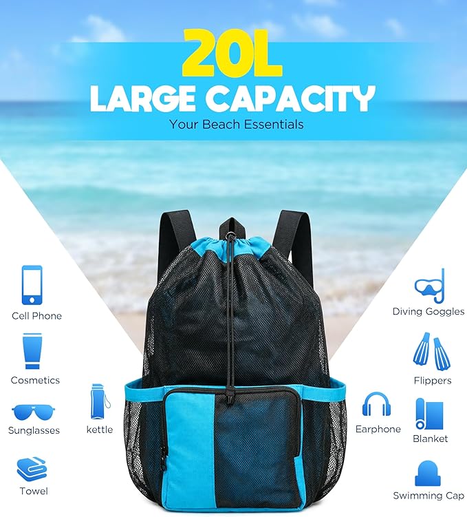 Mesh Swim Bag Drawstring Backpack 20L, Swim bags for Swimmers Equipment & Summer Essentials Mens and Women, Beach Backpack for Swimming Gear, Pool, Gym, and Workout, Dive Snorkel Bags