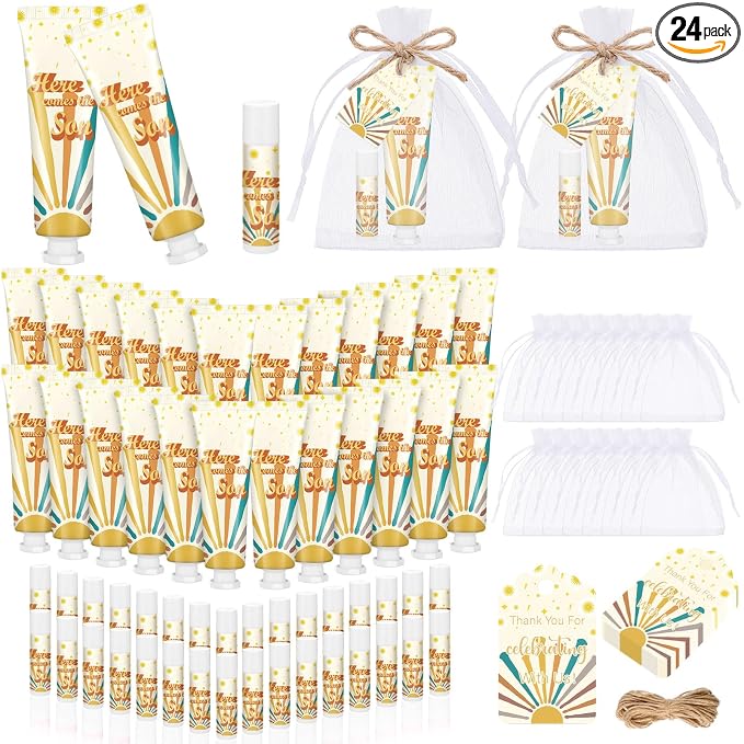 24 Sets Here Comes The Sun Baby Shower Gifts Here Comes The Sun Hand Cream and Lip Balm Baby Shower Party Favors for Guest Travel Size Hand Lotion and Lip Balm Bulk Birthday Party Supplies