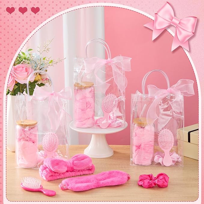 37 Pcs Party Supplies for Girls, 6 Kit Girls Birthday Gifts Including Glass Cups, Hairbands, Sleep Eye Mask, Headband, Brush, Tote Bags with Ribbon for Women Pink Spa Sleepover Party Favor