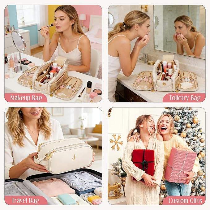Gifts for Women Teen Girls Large Capacity Initial Travel Makeup Bag, 3-Compartment Cosmetic Organizer with Clear Brush Holders, Large Opening Waterproof Toiletry Bag,Beige,J