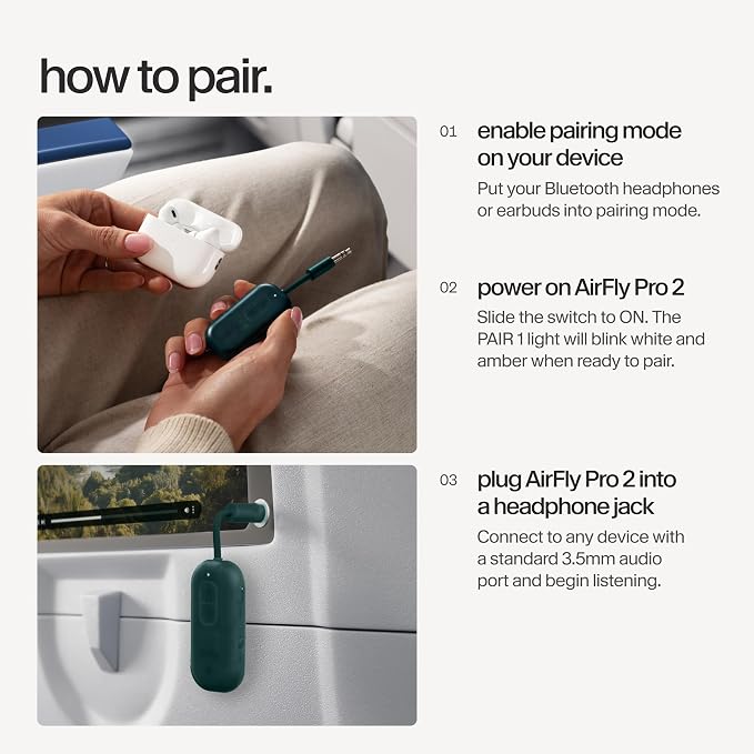 AirFly Pro 2 – Bluetooth Adapter for Airplane, Pair 2 AirPods or Wireless Headphones – 3.5mm AUX Bluetooth Transmitter for Cars, Boats, Treadmills, TVs– Airplane Travel Essentials, Teal Ice