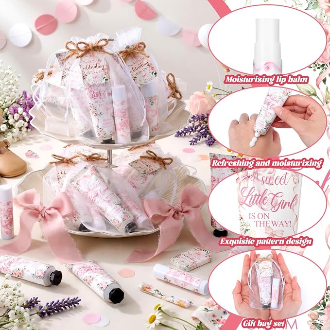 24 Sets Pink Bow Baby Shower Hand Cream and Lip Balm Gift, a Sweet Little Girl Is on The Way Baby Shower Favors, Pink Bow Party Favors for Guests Mini Hand Lotion and Lip Balm Coquette Party Supplies