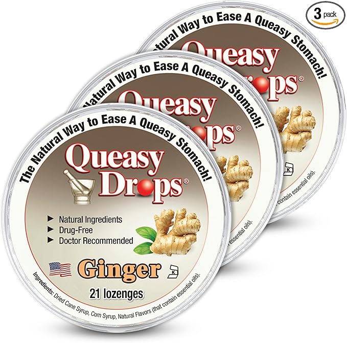 Three Lollies Queasy Drops - Ginger Flavor - Relief from Nausea & Travel Sickness, Soothes a Dry Mouth & Settles Stomach - Natural Ingredients - 21 ct (Pack of 3)