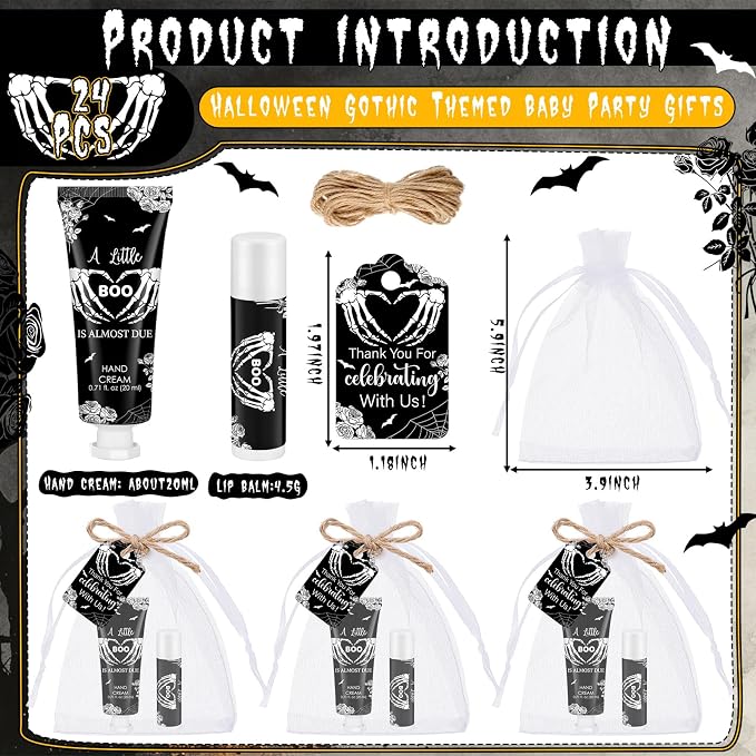 24 Sets Halloween Little Boo Baby Shower Hand Cream Lip Balm Gift Gothic Baby Shower Party Favors Travel Size Hand Lotion Lip Balm with Organza Bag Tag Halloween Party Supplies for Guest Kids