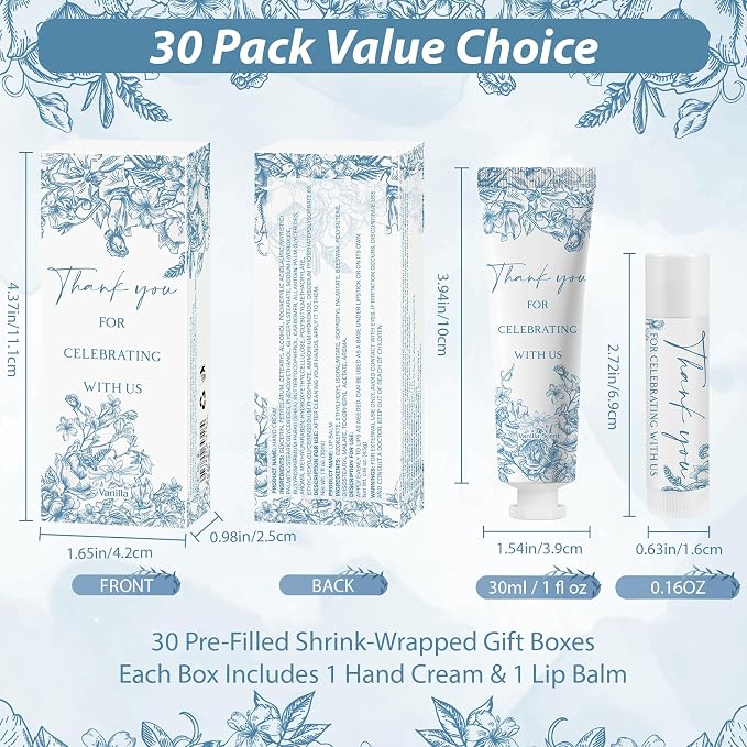 50 Sets Moisturizing Hand Cream Lotion Lip Balm Kit Bulk for Wedding Thank You Welcome Gifts Something Blue Flower Theme Birthday Shower with Boxes Rustic Vintage Aesthetic Wedding