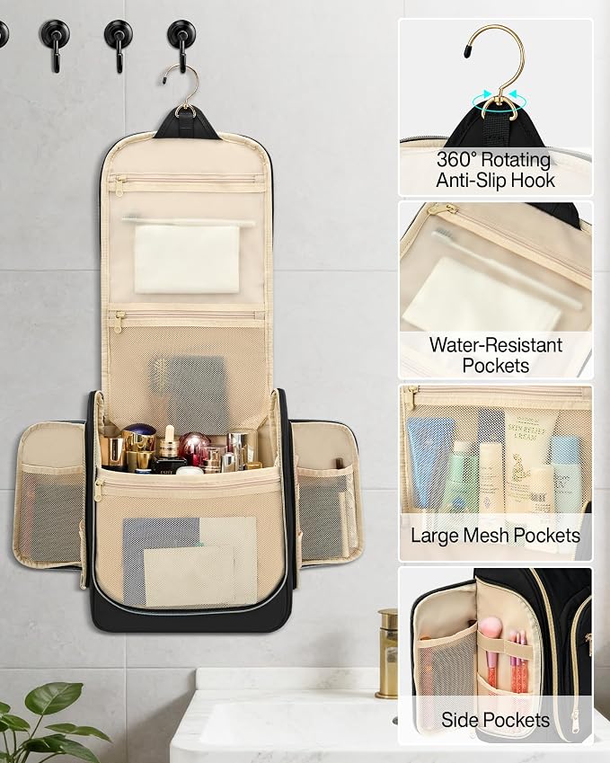 Hanke Hanging Travel Toiletry Bag for Men and Women, Water-Resistant Toiletries Bag Makeup Organizer with Hook, Cosmetic Bag for Bathroom & Travel Essentials Accessories, Black