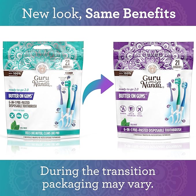 GuruNanda 6-in-1 Ready-to-Go Disposable Toothbrush, Pre-Pasted Butter on Gums Softex Bristles, Floss & Toothpick, Tongue & Cheek Cleaner, Individually Wrapped & TSA Friendly, 21 Ct