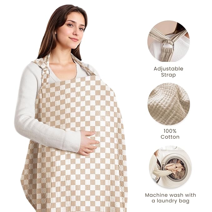 Konssy Muslin Nursing Cover for Baby Breastfeeding, Breathable 100% Cotton Breastfeeding Cover with Rigid Hoop for Mother Nursing Apron, Multi-use Carseat Canopy (Coffee Check)