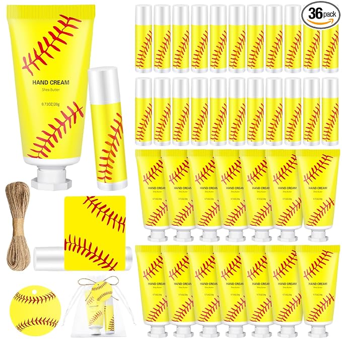 144 Pcs Lip Balm Hand Cream Set Party Favors, Include 36 Lip Balm 36 Moisturizing Hand Cream 36 Bags 36 Cards and Ropes for Accessories Gifts(Yellow,Softball)