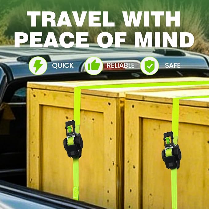 Retractable Ratchet Straps 1" x 13Ft, Heavy Duty Self Retracting Tie Down Straps, 1800lb Break Strength Auto Retract Cargo Straps for Truck, Trailer, Motorcycle, ATV, UTV, (Fluorescent Green, 4 Pack)