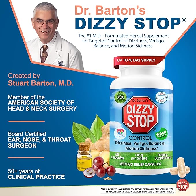 Dizzy Stop Dr. Barton's Vertigo Relief Products with Ginger and Grape Seed - Non-Drowsy Motion Sickness Pills for Dizziness Relief and Inner Ear Balance - (80 Count – Pack of 3)