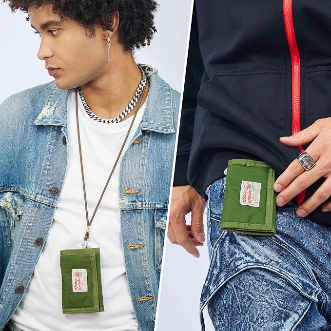 Rough Enough Kids Wallet for Boys Teens with Neck Lanyard Keychain Zipper Coin Pocket Card Holder Army Green Soft Nylon