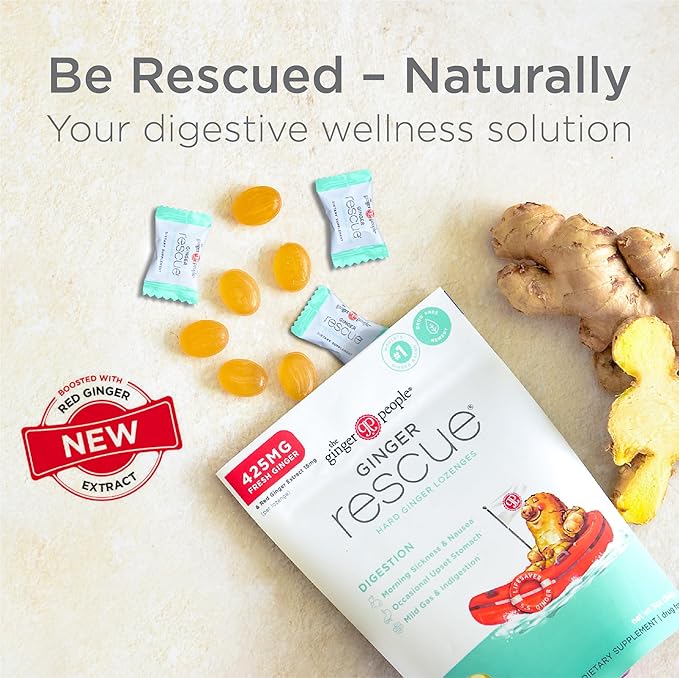 The Ginger People Ginger Rescue Digestive Wellness Lozenges (Hard) | Regular Strength - 425mg | Morning Sickness, Nausea, Upset Stomach, Mild Gas & Indigestion, 30 Count (Pack of 1)
